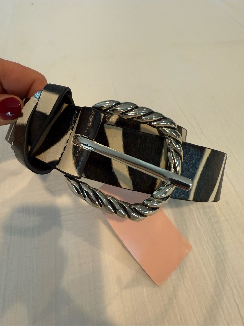 Black & White Striped Leather Belt with Silver Rope Buckle